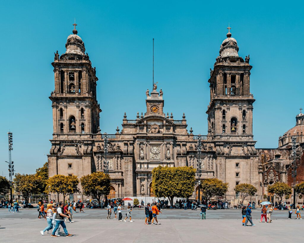 View of the Centro Histórico: Historic landmarks in CDMX, including the Zócalo and Metropolitan Cathedral.