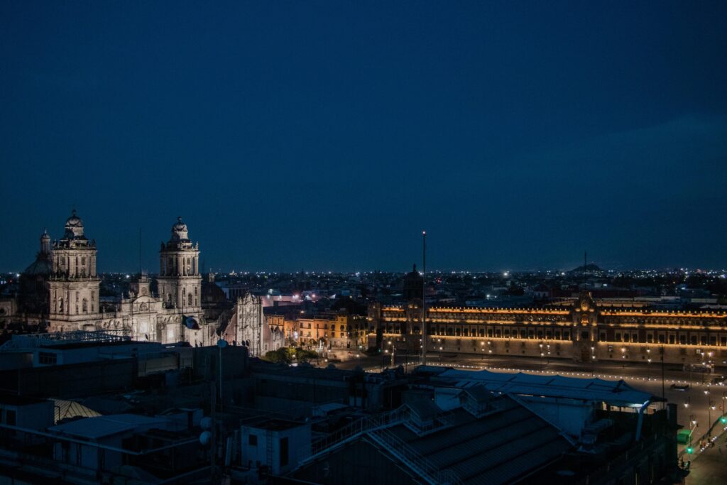 View of the Centro Histórico: Historic landmarks in CDMX, including the Zócalo and Metropolitan Cathedral.