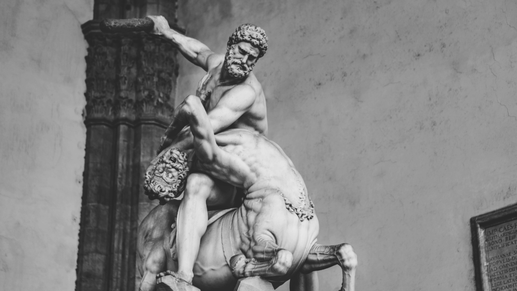 Renaissance sculpture of a man wrestling a centaur at the Loggia dei Lanzi in Florence, Tuscany.