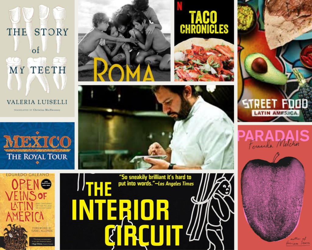 Collage of book covers and film posters featured in the cultural guide to books and films about Mexico City